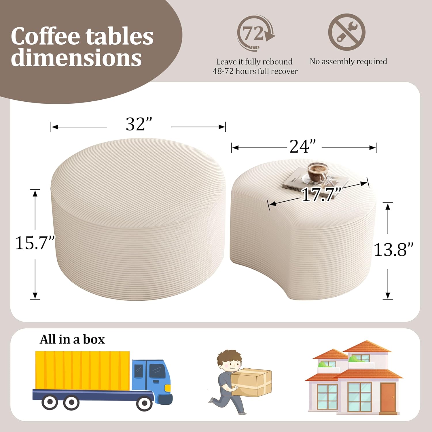 BSHOMGI Round Coffee Table Set of 2, Movable Ottoman for Corduroy Cloud Sectional Couches Circle Foam Round Side Table for Living Room, Entryway Set, 32"+17" Footrest No Assembly (Beige, 32"+17")