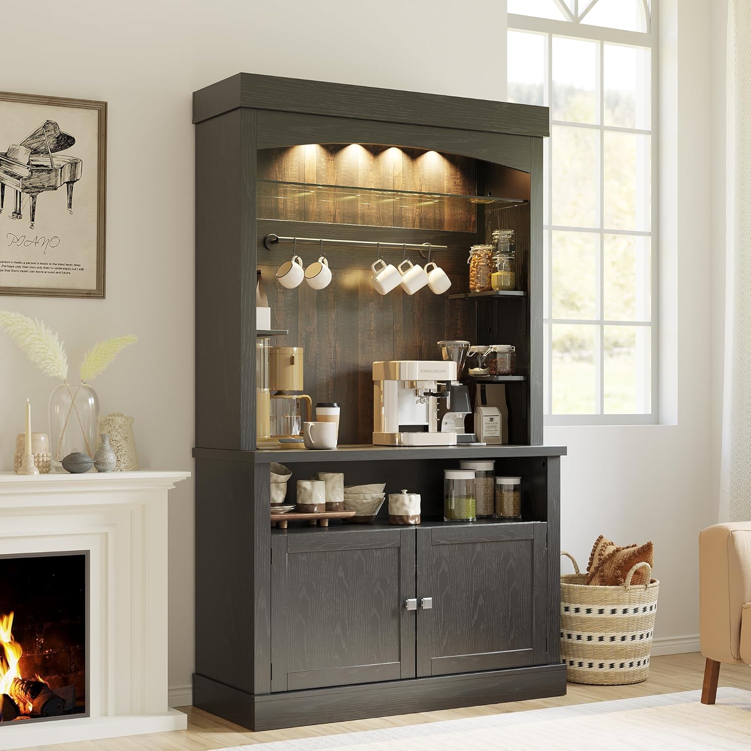 CABIHOME 72" Coffee Hutch Large Kitchen Sideboard，Farmhouse Coffee Bar Cabinet with Storage LED Buffet Cabinet with Wine Rack/Glass Shelf for Kitchen, Dining Room, Living Room(Black)