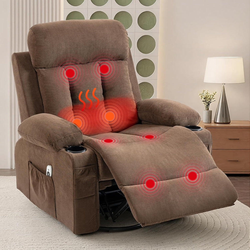 360° Swivel Rocking Chair, Rocker Recliner Chair with Vibration Massage and Heat, Ergonomic Lounge Chairs with Rocking Function and Side Pocket, Cup Holders, Brown