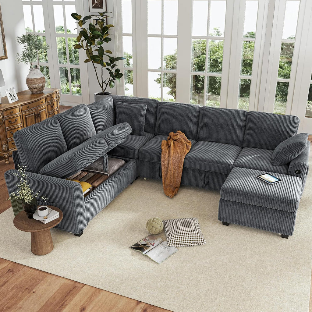 Hanherry Sectional Couch with Pull Out Sofa Bed,Corduroy Sleeper Sofa with Storage Ottoman & USB Charging,Comfy L Shaped Modular Couches for Living Room,Apartment | USB Charging, Corduroy Fabric