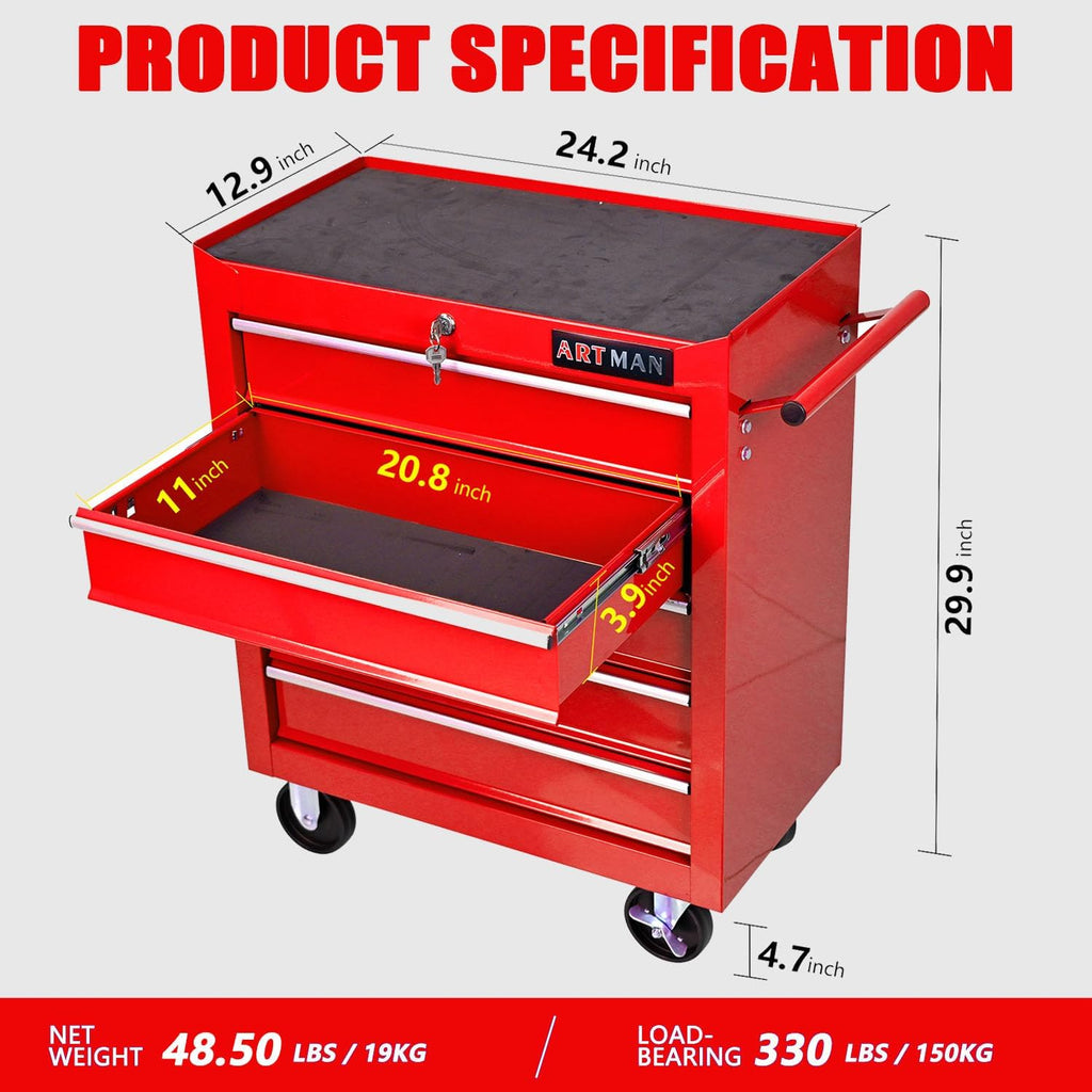 5-Drawer Tool Cart on Wheels, Drawers Rolling Tool Chest with Key Lock, Mobile Trolley Organizer Tools Box with Locking Wheels & Ball Bearing Drawers for Garage,Warehouse,Repair Shop (Red)