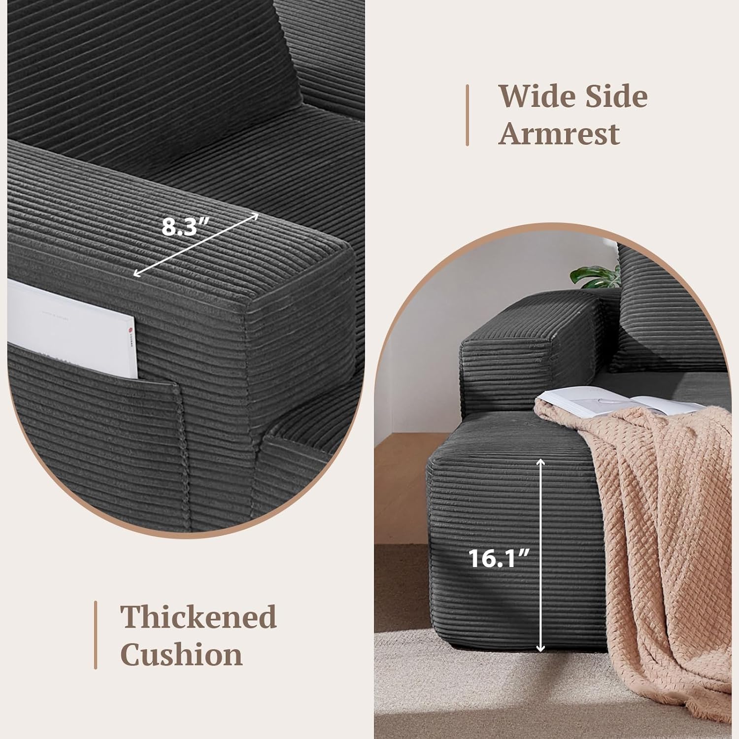 97inch Boneless L-Shaped Sectional Sofa with Throw Pillow & Side Pockets- No Assembly Compressed Modular Couch, Memory Foam, Deep Seat for Living Room, Bedroom, Apartment Grey Left
