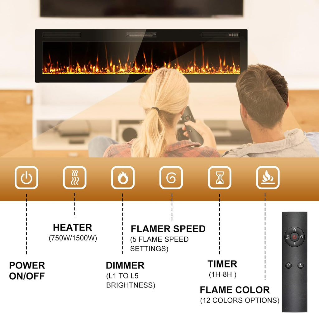 2025Upgraded 72” Recessed and Wall Mounted Electric Fireplace, Ultra Thin Narrow Beleze Fire Places with Remote Control, Screen Control,Adjustable Flame Colors and Speed