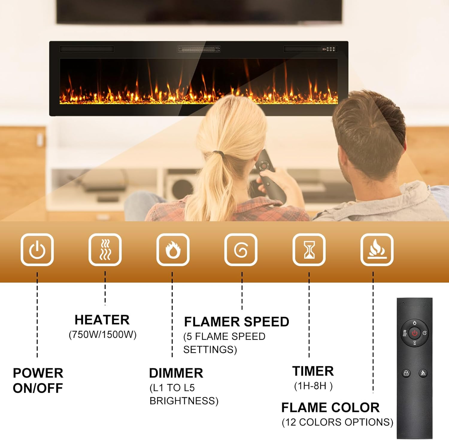2025Upgraded 72” Recessed and Wall Mounted Electric Fireplace, Ultra Thin Narrow Beleze Fire Places with Remote Control, Screen Control,Adjustable Flame Colors and Speed