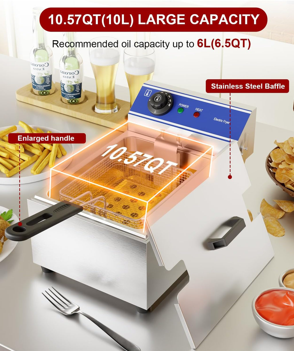 DULONG Commercial Electric Deep Fryer,10.57/10L Countertop Stainless Steel Deep Fryer with Basket,1500W Temperature Control Single Large Tank Fryer for Restaurant Home Kitchen