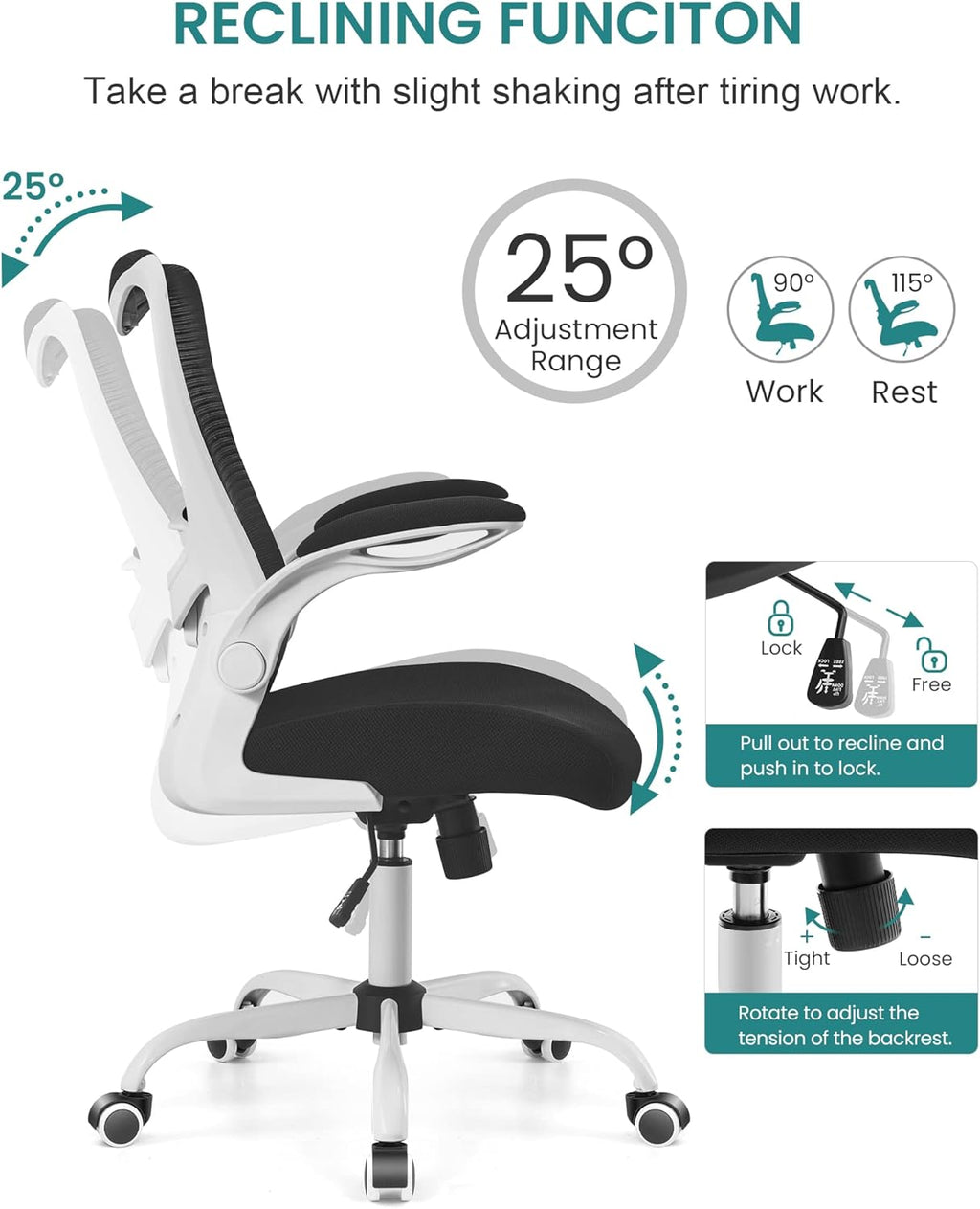 MUXX.STIL Office Chair, Ergonomic Desk Chair with Adjustable Lumbar Support and Flip up Armrest, Breathable Mesh Computer Chair for Home Office, White