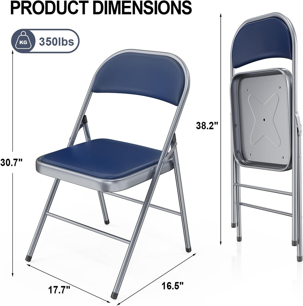 VINGLI 6 Pack Folding Chairs with Padded Seats, Metal Frame with Pu Leather Seat & Back, Capacity 350 lbs, Blue