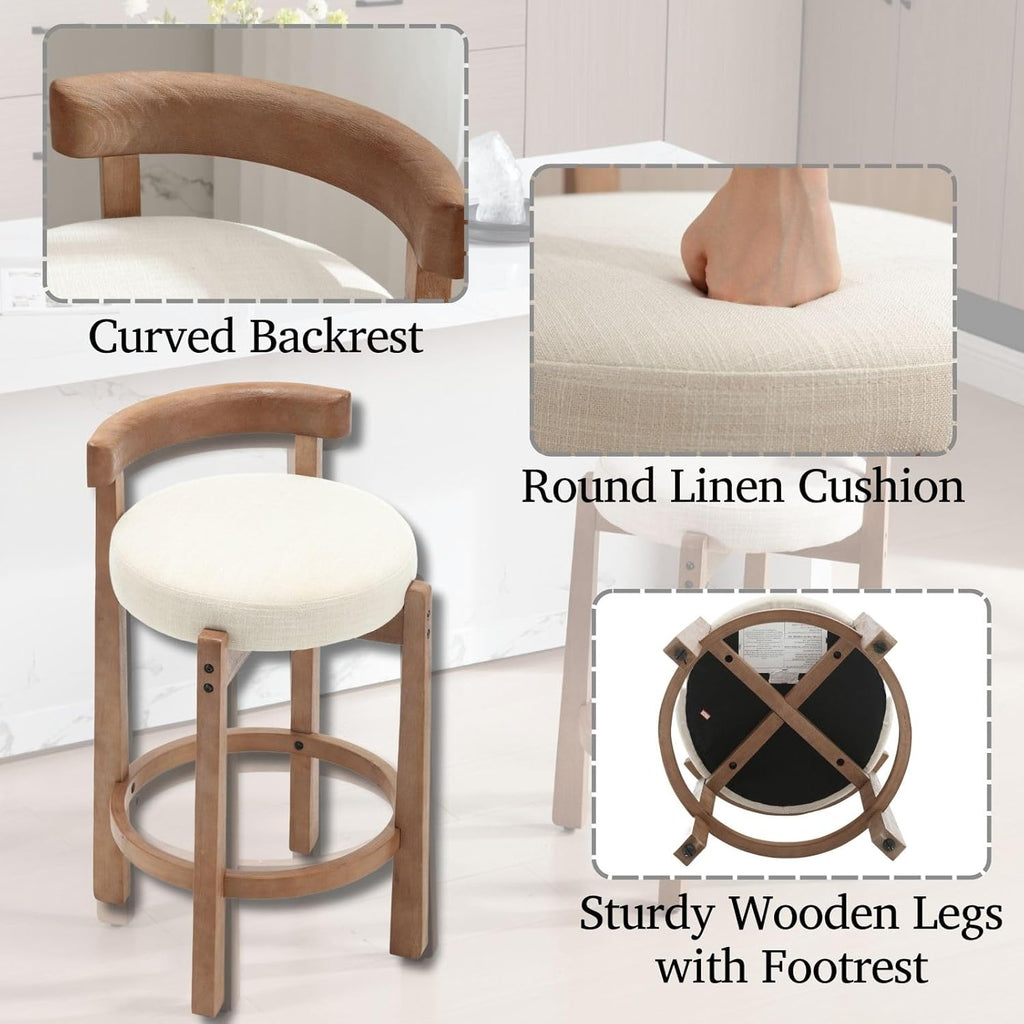 LukeAlon Mid Century Linen Counter Stools Set of 4, Upholstered 26.5” Seat Height Low Barstools with Natural Wood Legs Round Low Back Kitchen Stools with Footrest for Dining Room, Beige