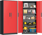 Greenvelly Metal Storage Cabinet, Steel Garage Cabinet with Doors and Adjustable Shelves, Metal Cabinet with Lock,Tall Metal Office Storage Cabinet for Garage,Home Office,School (Black Red)