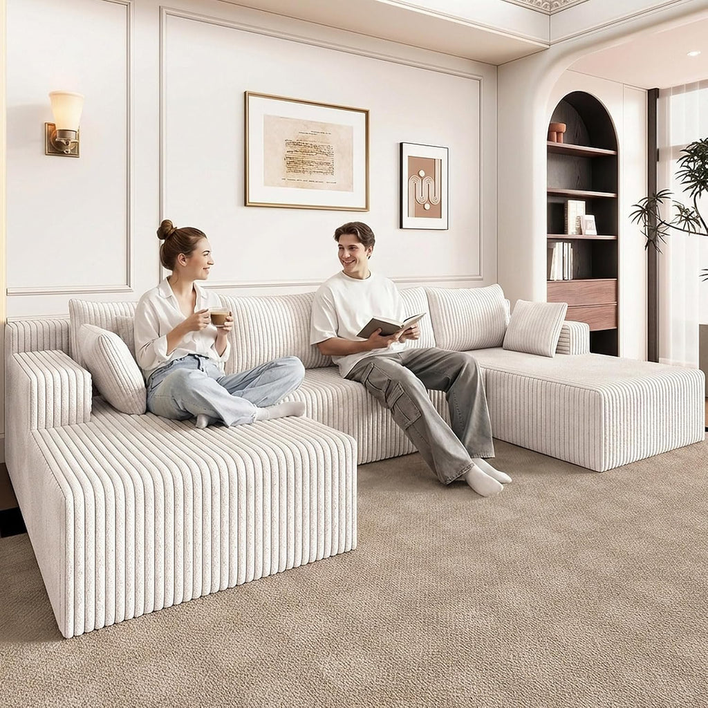 124" U Shaped Cloud Couch Sectional, Corduroy Upholstered 4-Seater Cloud Couches for Living Room, Deep Seat Modular Boneless Sofa with Lounge Chaise, No Assembly Required, White