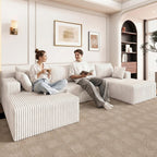 124" U Shaped Cloud Couch Sectional, Corduroy Upholstered 4-Seater Cloud Couches for Living Room, Deep Seat Modular Boneless Sofa with Lounge Chaise, No Assembly Required, White