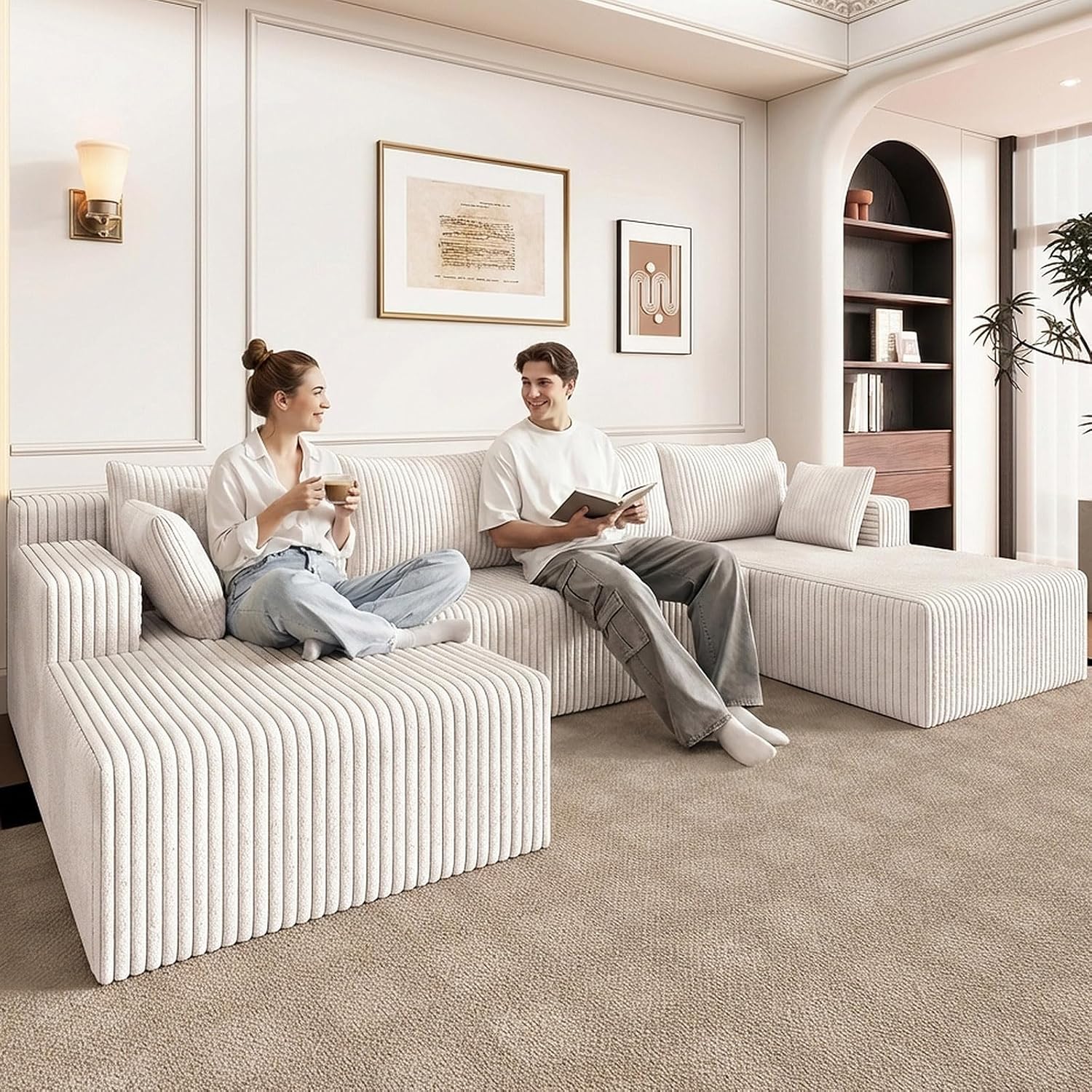 124" U Shaped Cloud Couch Sectional, Corduroy Upholstered 4-Seater Cloud Couches for Living Room, Deep Seat Modular Boneless Sofa with Lounge Chaise, No Assembly Required, White