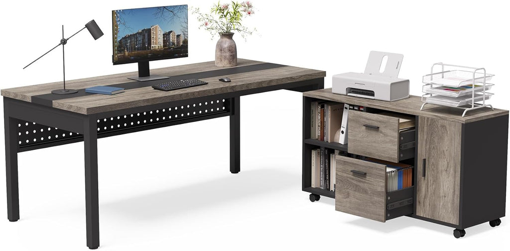 LITTLE TREE 70.8" Executive Desk with Lateral File Cabinet, Modern Thickened Wooden Workstation L-Shaped Computer Desk Large Home Office Writing Desk for Home Office