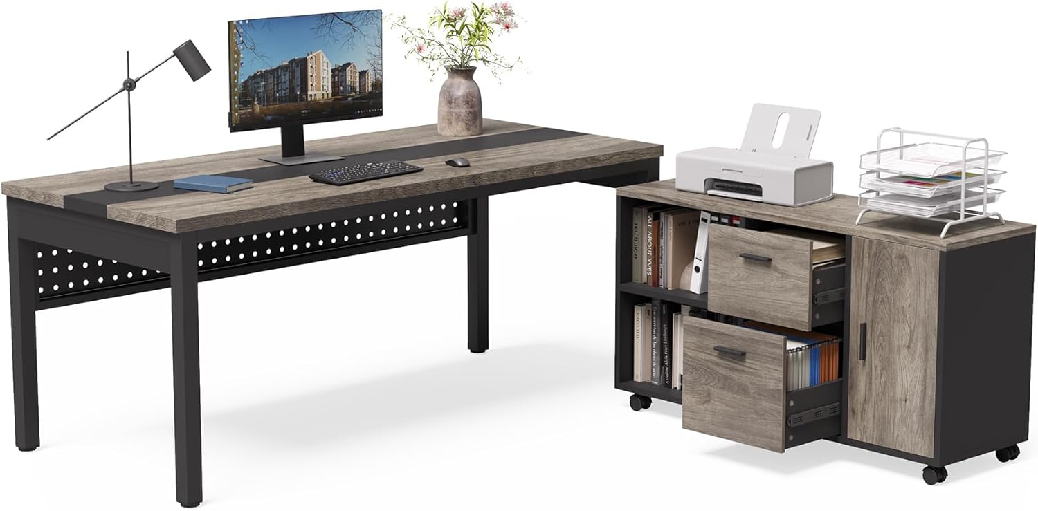 LITTLE TREE 70.8" Executive Desk with Lateral File Cabinet, Modern Thickened Wooden Workstation L-Shaped Computer Desk Large Home Office Writing Desk for Home Office