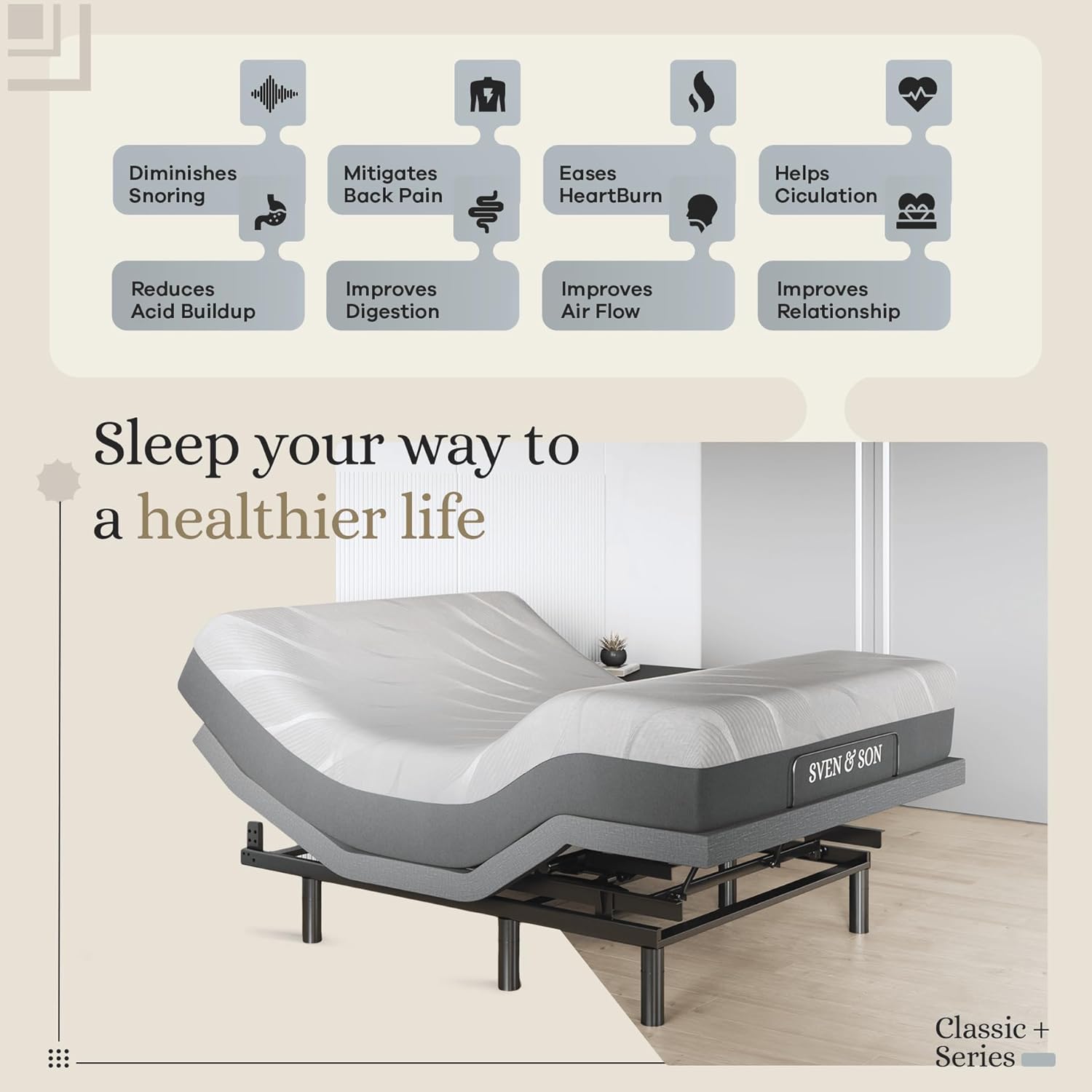 Sven & Son Harmony Adjustable Bed Base, Head and Foot Lift, Massage, Under-Bed Lights, USB, Gel Memory, Zero Gravity Smart Frame - Queen + 10 inch Memory Foam Matt (Firm)