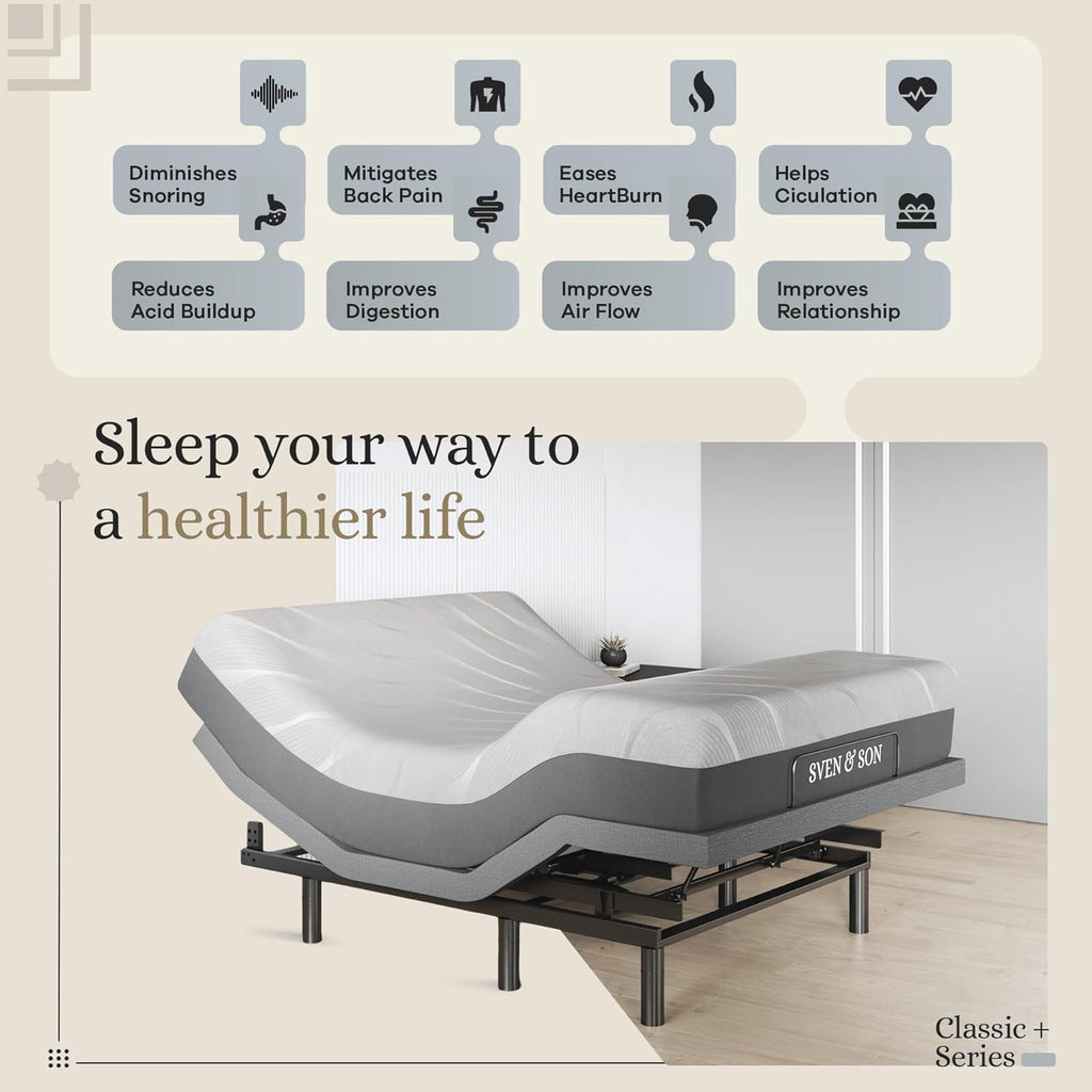Sven & Son Harmony Adjustable Bed Base, Head and Foot Lift, Massage, Under-Bed Lights, USB, Gel Memory, Zero Gravity Smart Frame - Queen + 10 inch Memory Foam Matt (Firm)