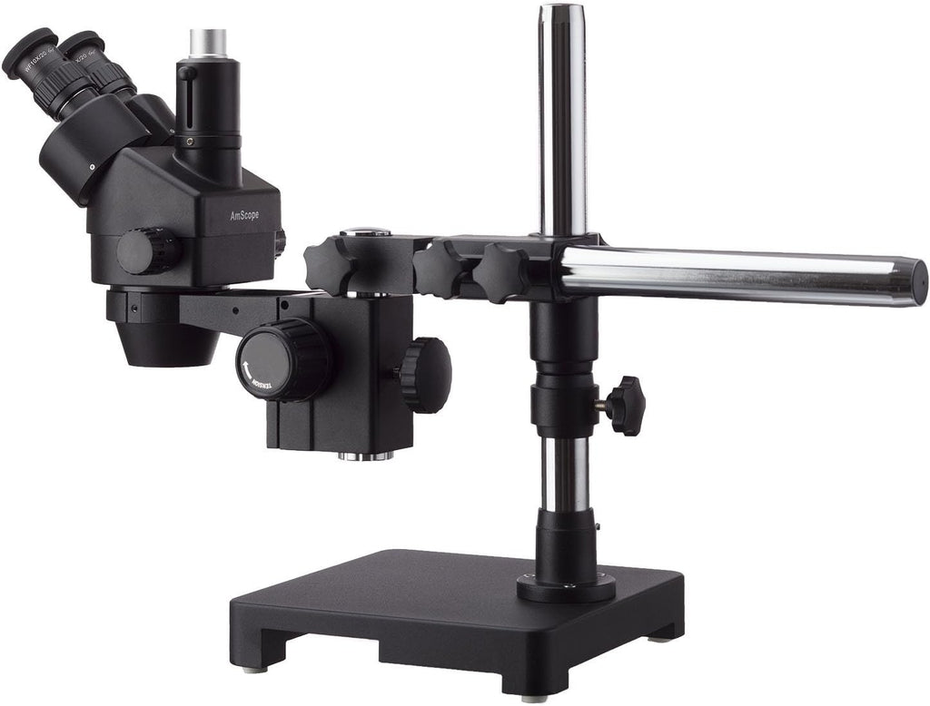 AmScope 7X-90X Black Trinocular Stereo Zoom Microscope on Single Arm Boom Stand + 144 LED Compact Ring-Light with 10MP USB3.0 Camera