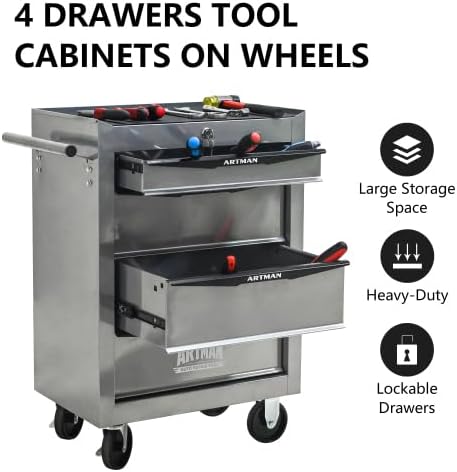 Iron-Top Rolling Tool Chest with Lockable Wheels and Side Handles, 7-Drawer Tool Storage Cabinet with Ball Bearing for Garage, Repair Shop, Required Assembly, Large Storage Capacity (Iron, 4-Gray)