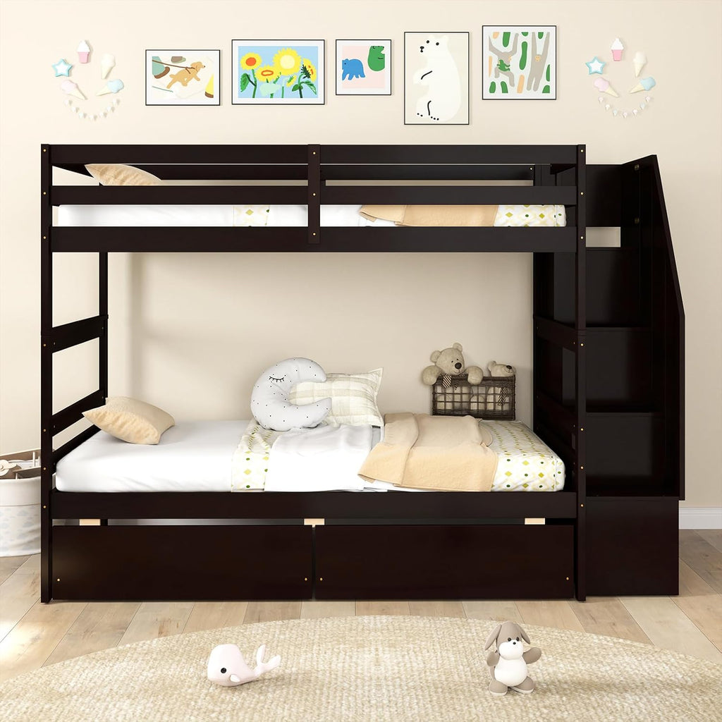 KOMFOTT Wood Twin Over Twin Bunk Bed with Storage Drawers & Stairs, Bunk Beds with Bookcase & Safety Guardrail, Solid Wood Slatted Bunk Bed for Kids Teens Adults, No Box Spring Needed (Espresso)