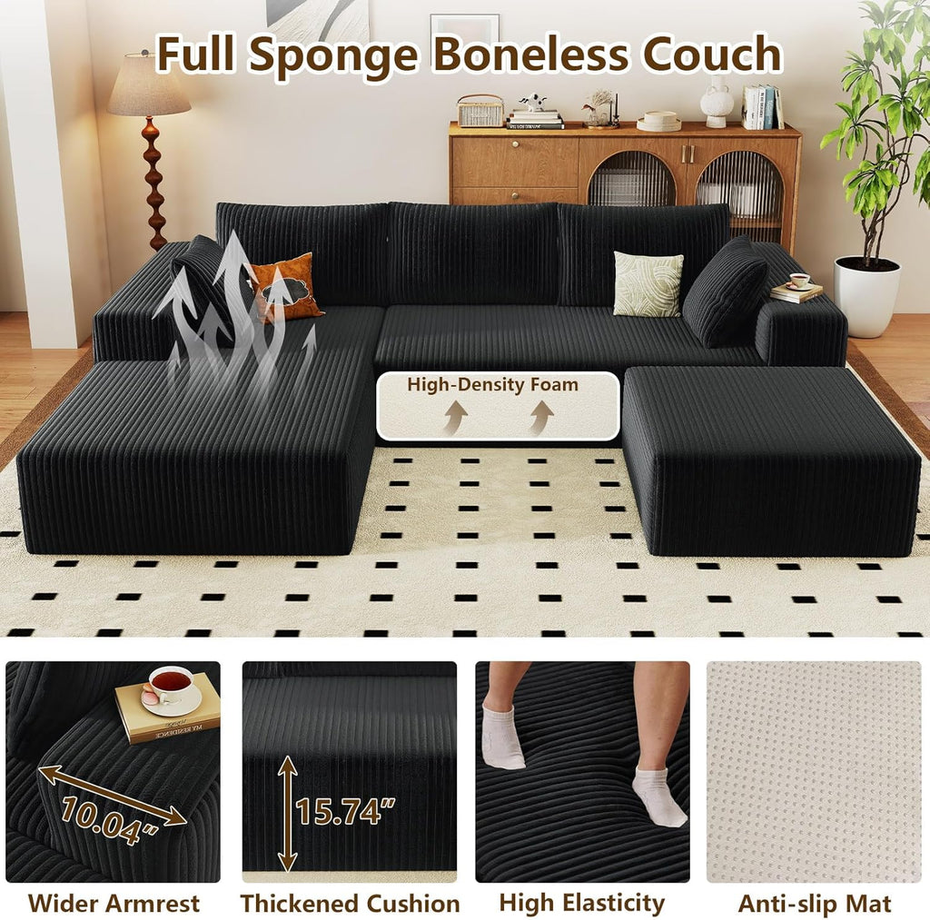 96" U-Shape Cloud Couch, Modern Modular Sectional L-Shape Sofa with Ottoman, Corduroy Upholstered Couches Deep Seat Sleeper Chaise Longue for Living Room, No Assembly Required(Black, Left Facing)