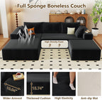 96" U-Shape Cloud Couch, Modern Modular Sectional L-Shape Sofa with Ottoman, Corduroy Upholstered Couches Deep Seat Sleeper Chaise Longue for Living Room, No Assembly Required(Black, Left Facing)