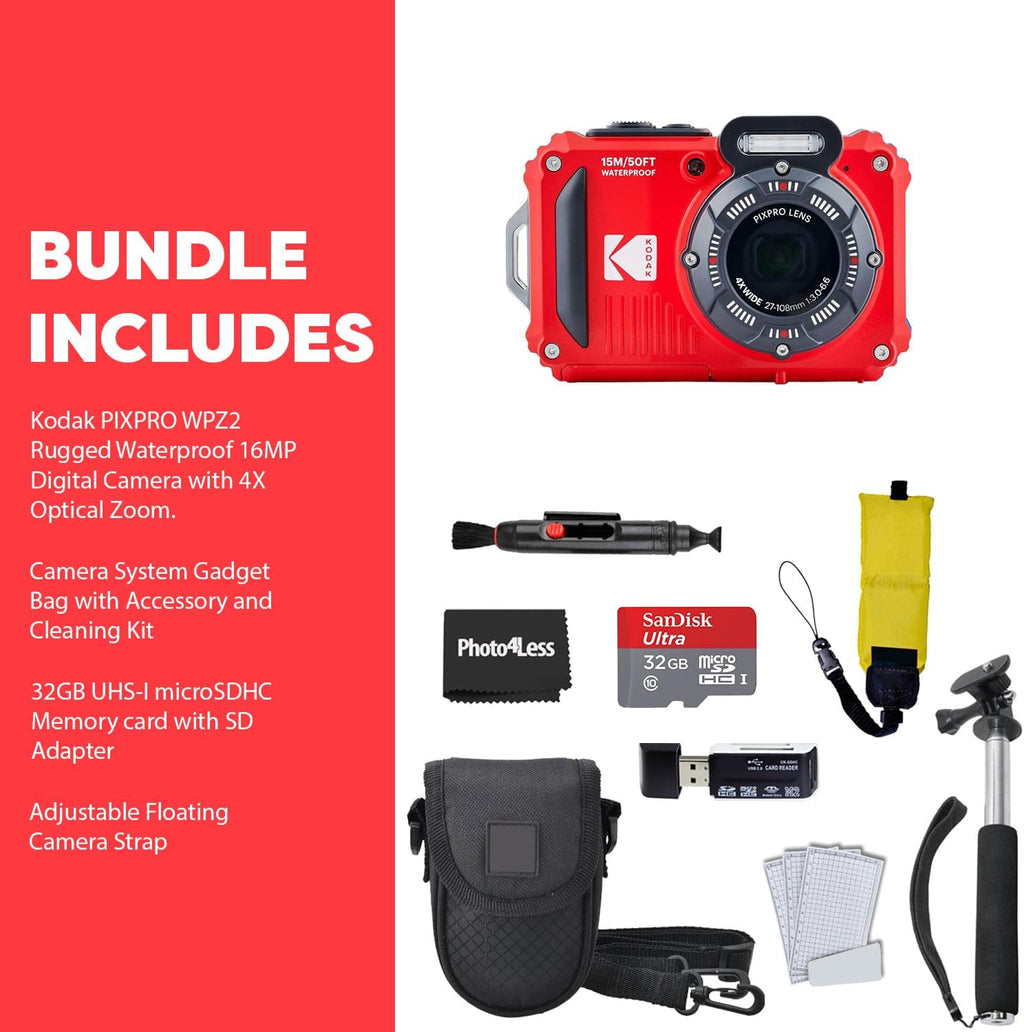 KODAK PIXPRO WPZ2 Rugged Waterproof Digital Camera  Red Bundles with Case  Monopod  Card Reader and More (9 Items)