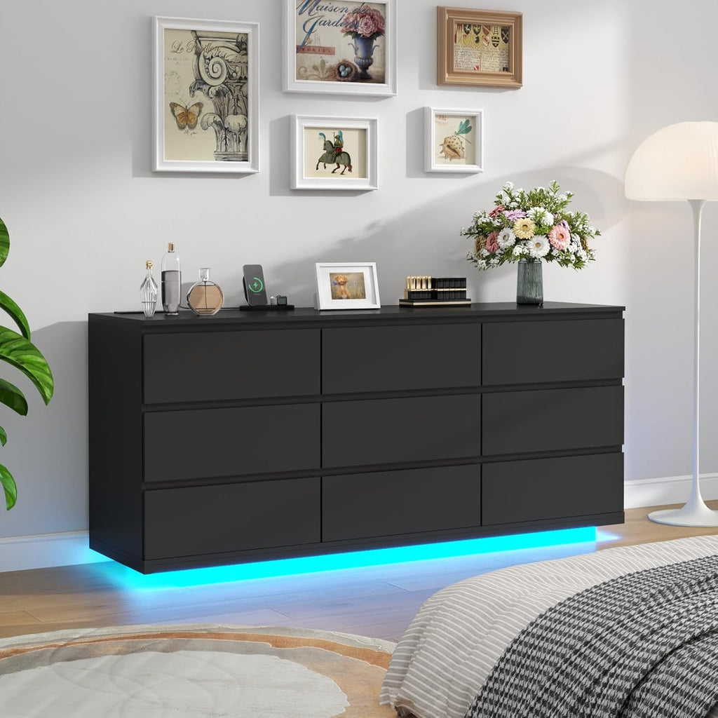9 Drawer Dresser with Power Outlet, Floating White Dresser Chest of Drawer with LED Light,Modern Double Wide Drawer Organizer Cabinet for Bedroom,Living Room (9 Drawer-Black)