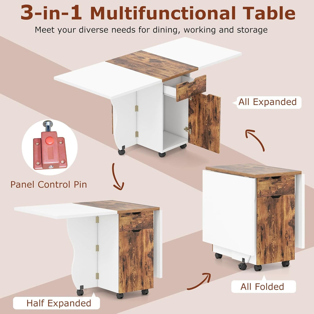 Giantex 3-in-1 Folding Dining Table for 4-6, 69-Inches Drop Leaf Kitchen Table with 2 Drawers and 2 Cabinets, Lockable Wheels, Foldable Dinner Tables for Small Spaces, Dinette (White+Brown)