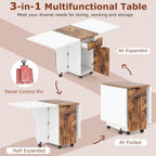 Giantex 3-in-1 Folding Dining Table for 4-6, 69-Inches Drop Leaf Kitchen Table with 2 Drawers and 2 Cabinets, Lockable Wheels, Foldable Dinner Tables for Small Spaces, Dinette (White+Brown)