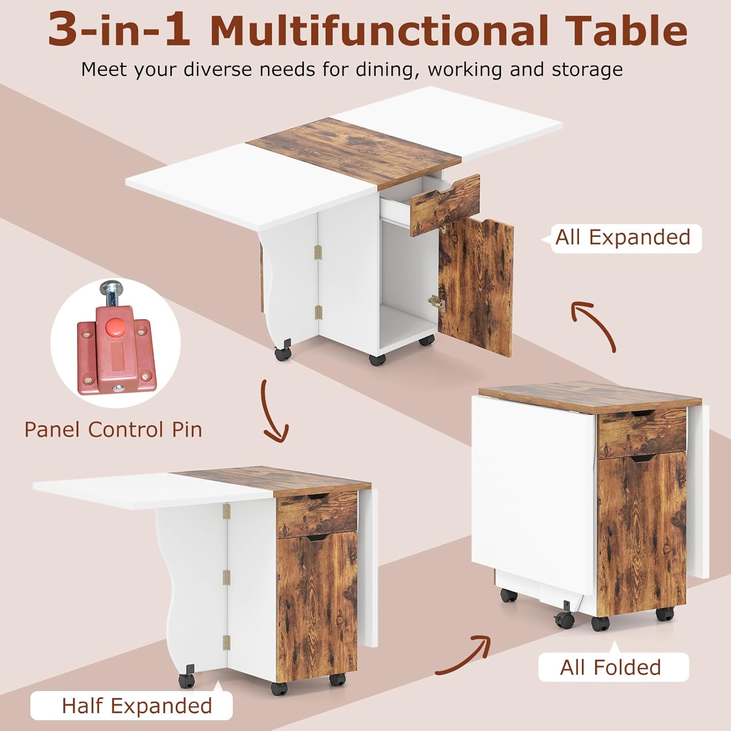 Giantex 3-in-1 Folding Dining Table for 4-6, 69-Inches Drop Leaf Kitchen Table with 2 Drawers and 2 Cabinets, Lockable Wheels, Foldable Dinner Tables for Small Spaces, Dinette (White+Brown)