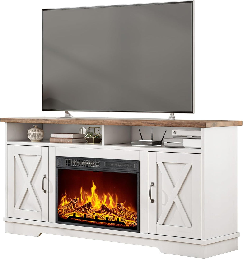 AMERLIFE 63" Farmhouse TV Stand with 26" Fireplace, for TVs up to 73", Media Entertainment Center with Adjustable Shelf & Barn Doors, Rustic TV Console Cabinet for Living Room, Rustic Oak & White