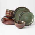 Pokini Stoneware Dinnerware Sets Service for 4, 12 pcs Reactive Glaze Plates and Bowls Sets, Handmade Ceramic Dish Set, Highly Chip and Crack Resistant Modern Plate Set, Brown Green