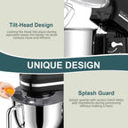 Electric Stand Mixer with 6.5QT Bowl with Handle, Kitchen Mixer with Tilting Head for Bread Dough and Cake with Dough Hook, Whisk, Splash Guard and Egg Separator (Black)