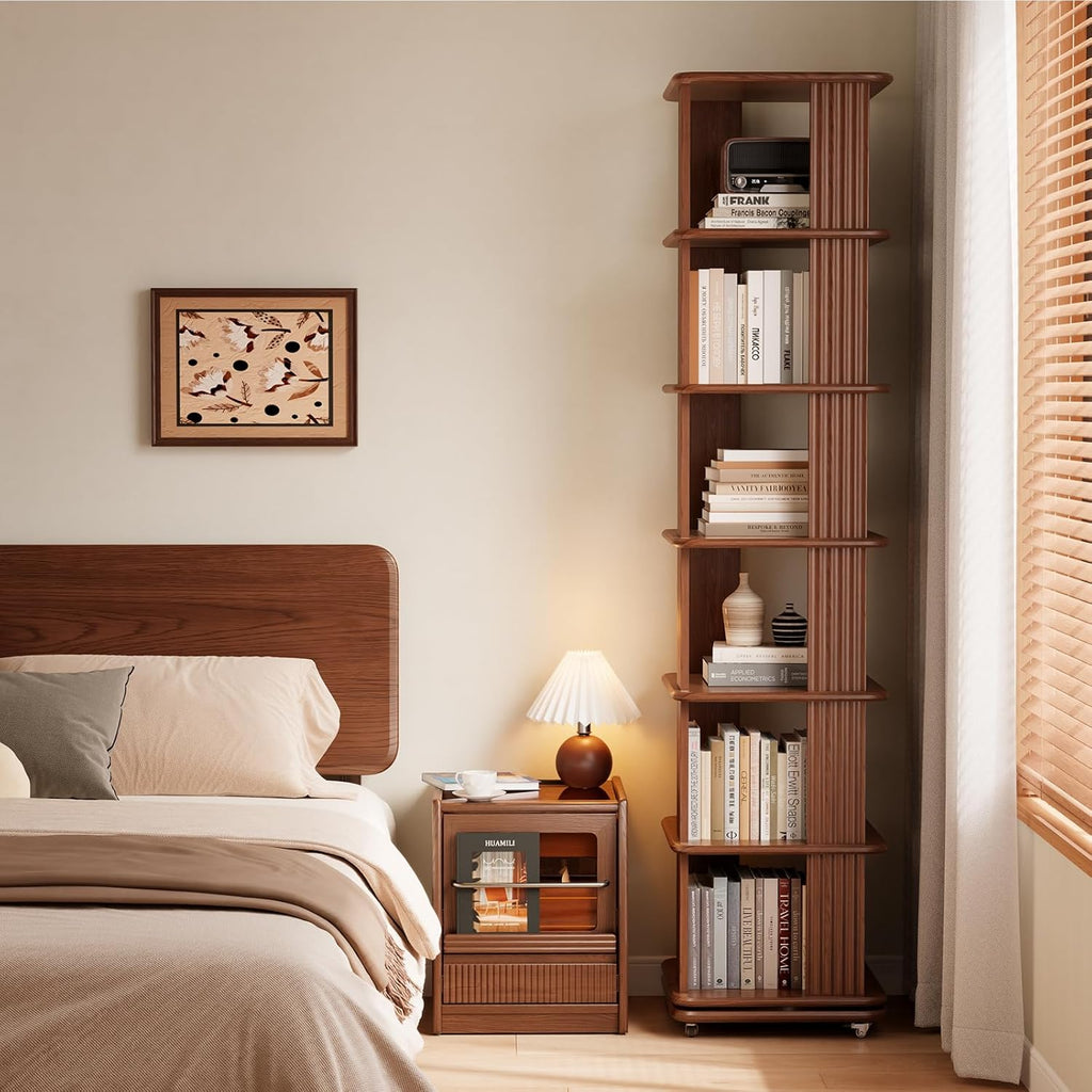 Solid Wood Rotating Bookshelf, 6-Tier Rolling Bookcase .360 Degree Revolving Bookshelf .Spinning Bookshelf Tower for Small Spaces, Bedroom .Office .Living Room .Classroom (Walnut)