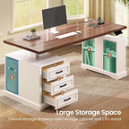 SEDETA Farmhouse Electric Standing Desk, 63" Height Adjustable Computer Desk with 3 Drawers, Storage Shelves, Power Outlets, Wood Home Office Stand up Desk for Work, Study, Writing, White