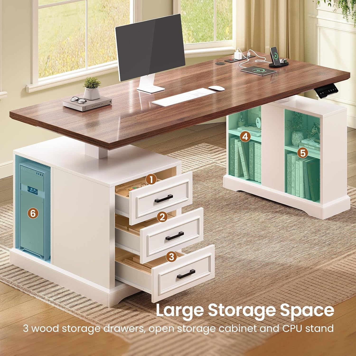 SEDETA Farmhouse Electric Standing Desk, 63" Height Adjustable Computer Desk with 3 Drawers, Storage Shelves, Power Outlets, Wood Home Office Stand up Desk for Work, Study, Writing, White