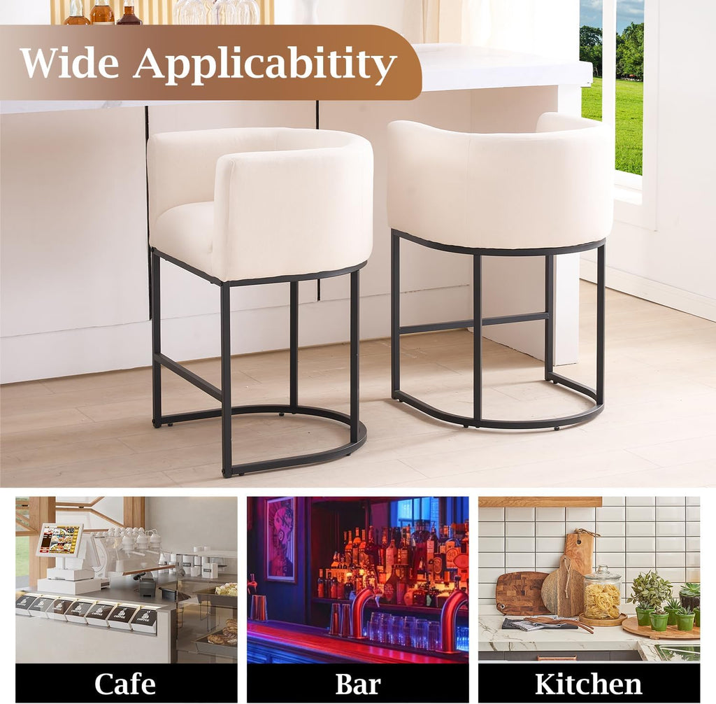 ClinQ 26" H Counter Height Bar Stools Set of 4, Modern Barrel Counter Stools with Backrest and Arms, Black Metal Frames,Linen Fabric Upholstered Accent Barstools for Kitchen Island,Beige