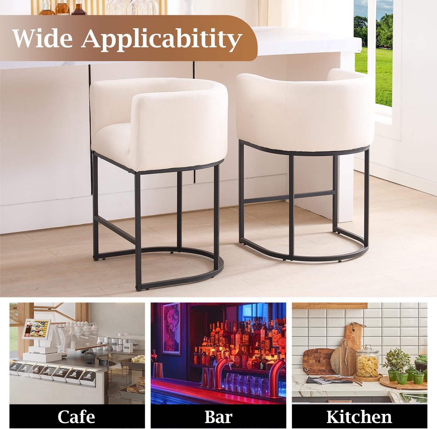 ClinQ 26" H Counter Height Bar Stools Set of 4, Modern Barrel Counter Stools with Backrest and Arms, Black Metal Frames,Linen Fabric Upholstered Accent Barstools for Kitchen Island,Beige