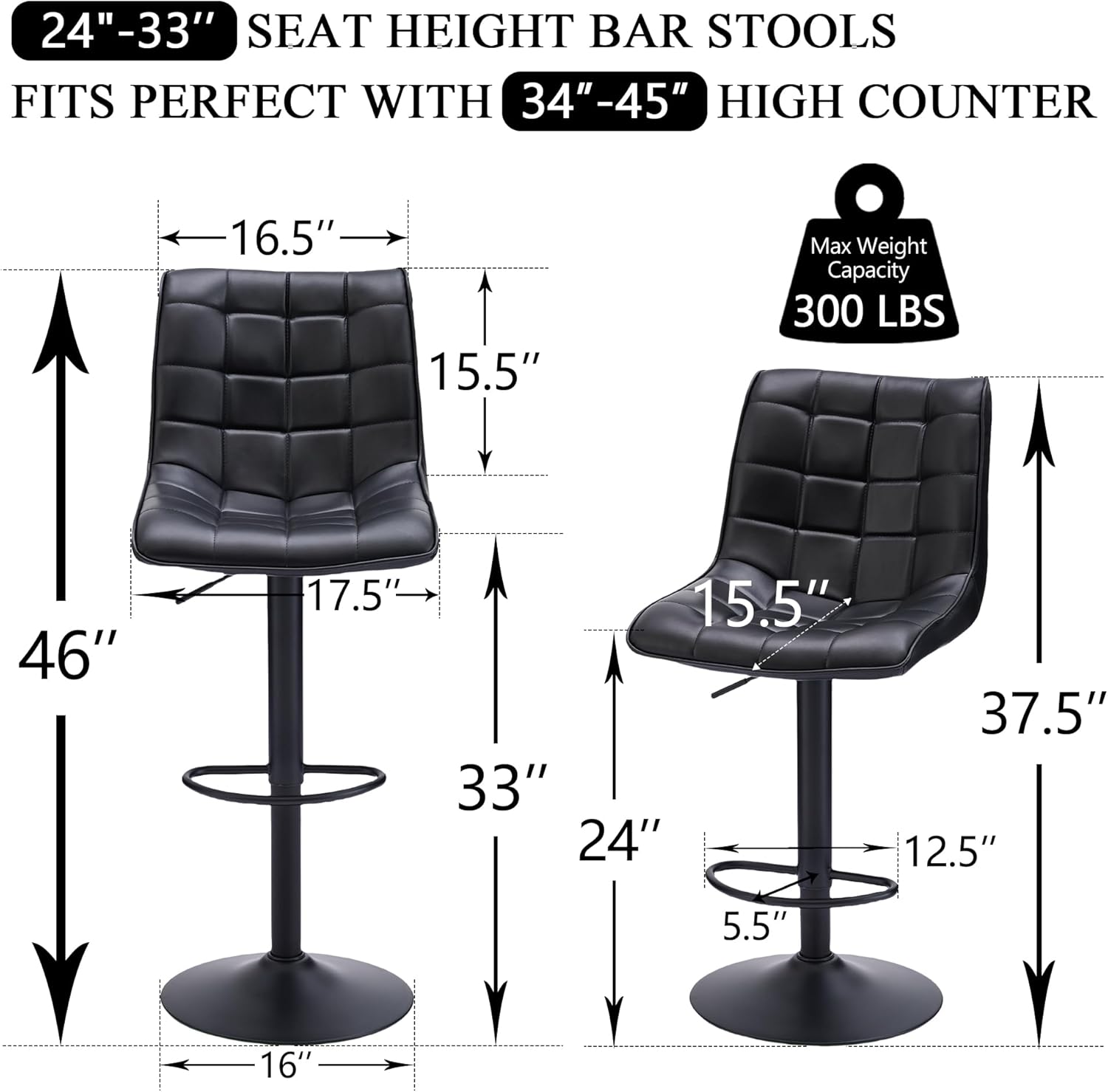 Bar Stools Set of 4, Adjustable Counter Height Bar Stools 24"-33", Modern Swivel Barstools with Backs, Black Kitchen Bar Chairs for Kitchen Island (Black, 4PCS)