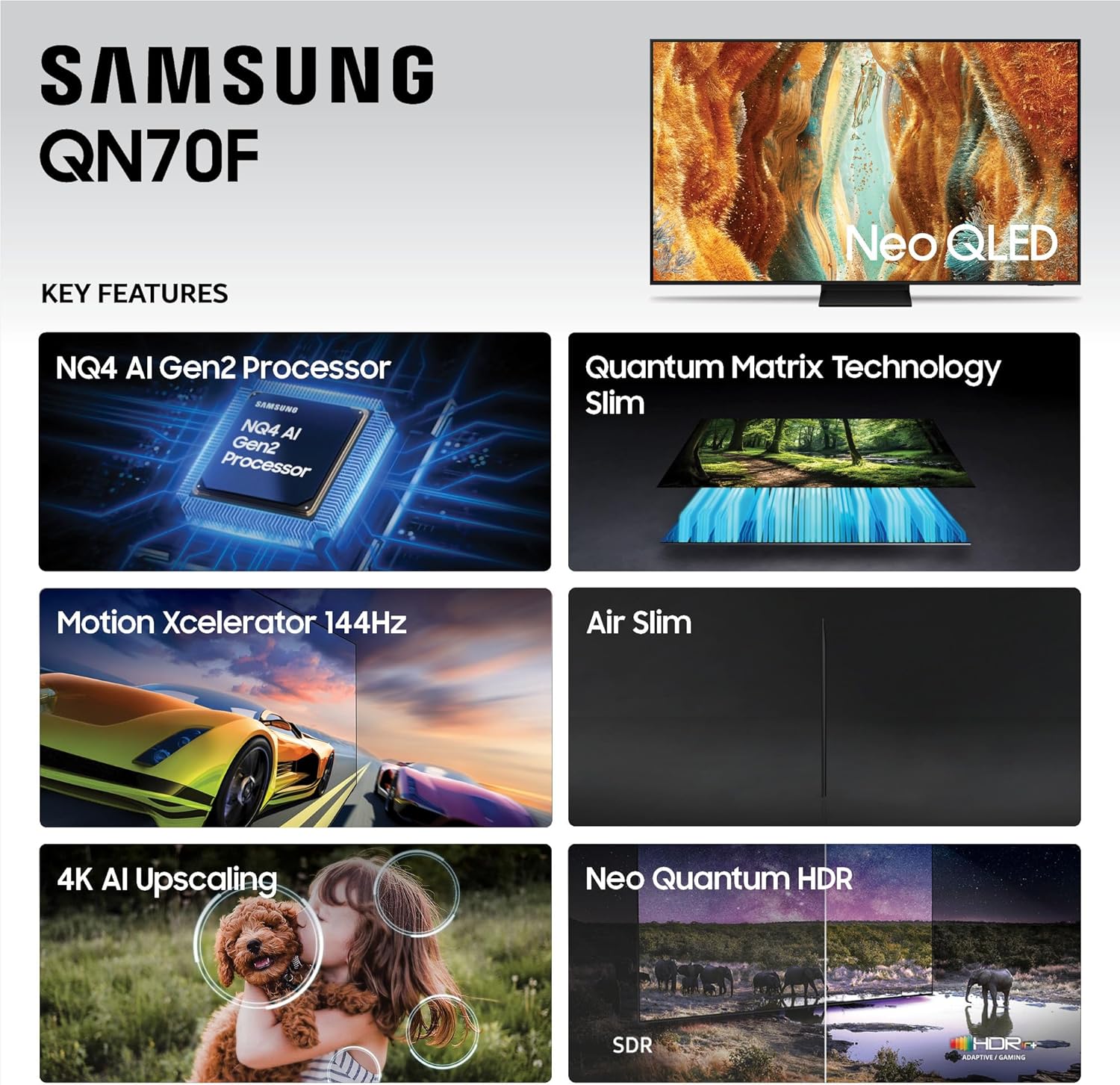 Samsung 55-Inch Class Neo QLED QN70F 4K Mini LED Smart TV (2025 Model) NQ4 AI Gen2 Processor  Quantum Matrix Technology Slim  Motion Xcelerator 144Hz  Samsung Vision AI  Alexa Built-in
