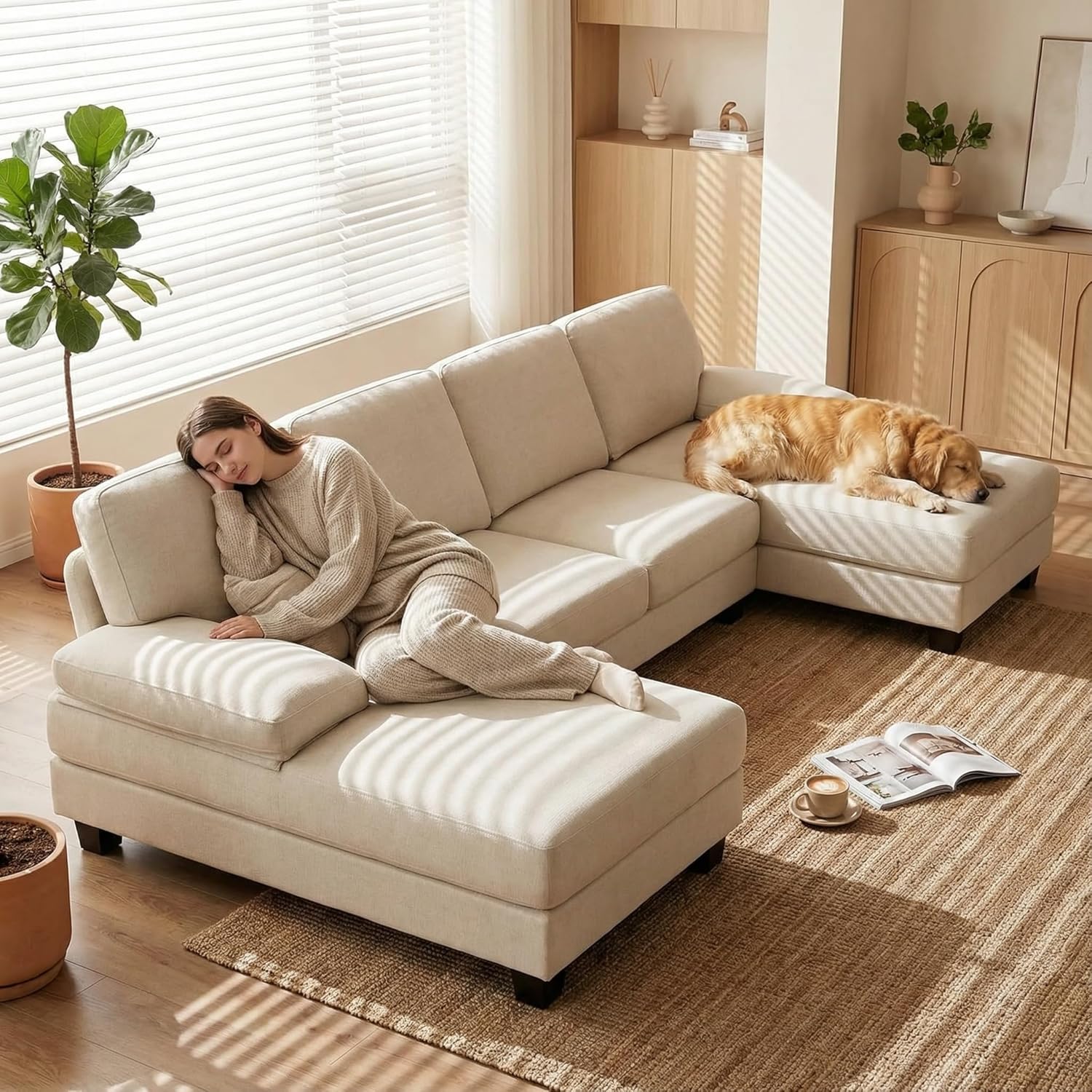 Homall Modular Sectional U Shaped Sofa Couches for Living Room, Comfy Chenille 4 Seat Sofa Set with Removable Pillows, Lounge Chaise Upholstered Couch for for Apartment (Chenille, White)