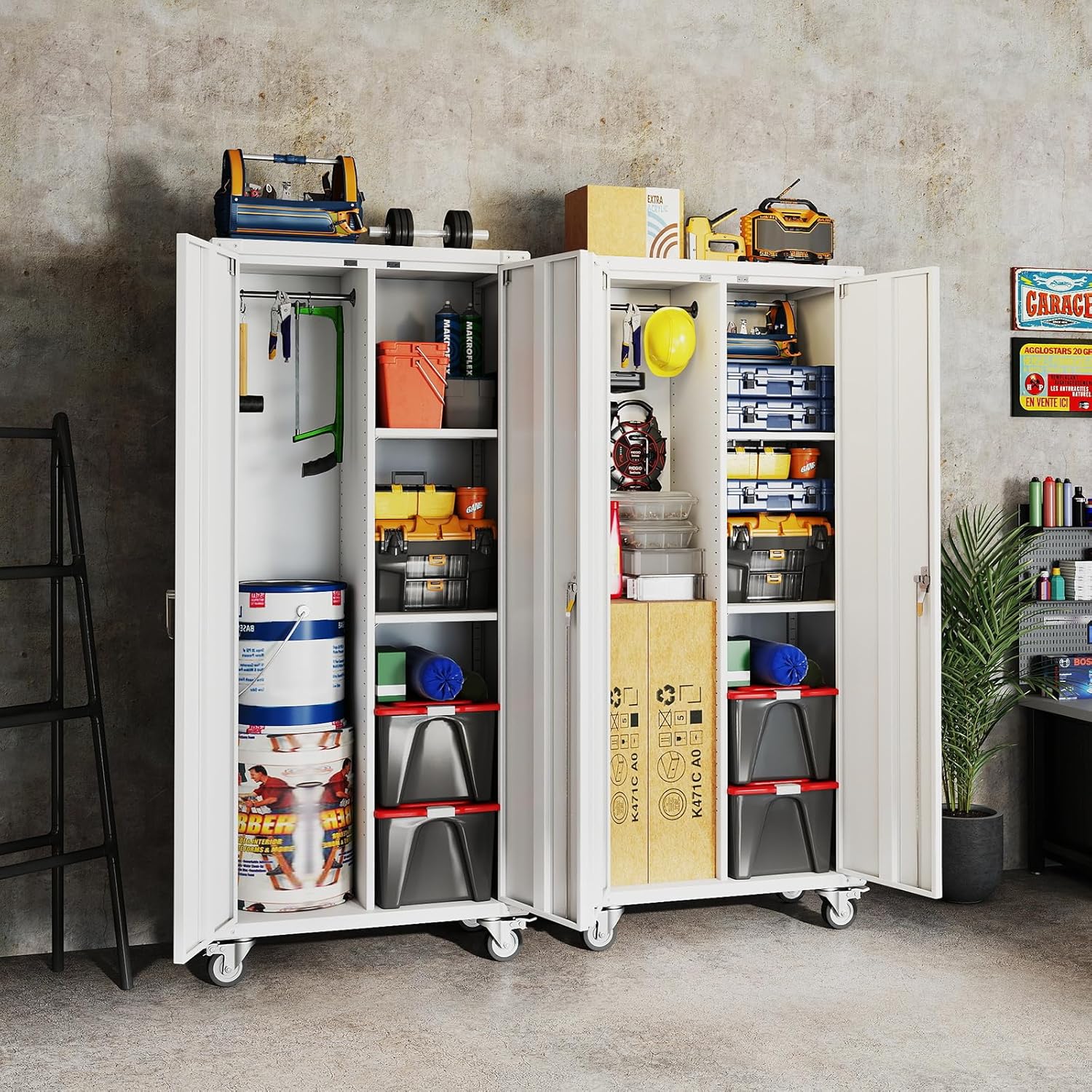 DUMOS 72" Metal Garage Storage Cabinet with Wheels, Tall Rolling Steel Tool Cabinet with Adjustable Shelves and Locking Doors, Lockable File Cabinet for Garage, Home, Office, Warehouse, White