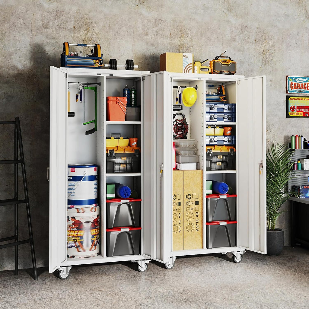DUMOS Tall Metal Garage Storage Cabinet with Wheels and Adjustable Shelves, 72" Rolling Steel Tool Cabinet with 2 Lockable Doors for Garage, Home, Office, Gym, White
