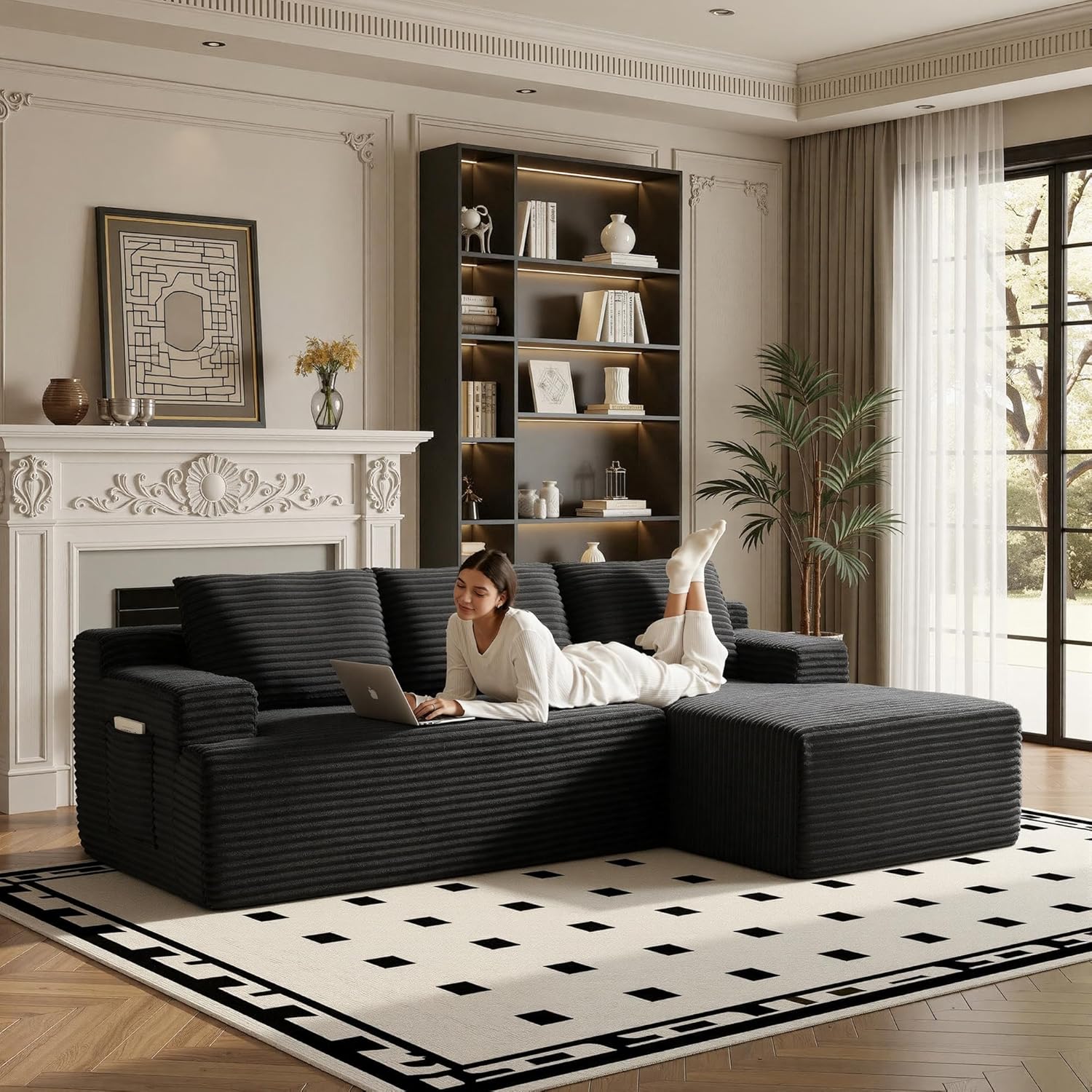 96" Sectional Couches for Living Room Cloud Couch Sofa with L-Shape Upholstered Boneless Couchs Modern Modular Sectional Couch with Chaise (Black, 96" W+Right Facing Chaise+2Seaters)