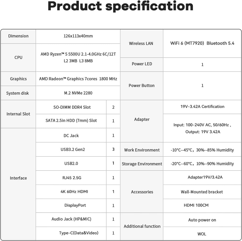 Beelink SER5 Mini Pc AMD Ryzen 5 5500U (6C/12T up to 4.0 GHz) Mini Computer with 16GB DDR4/500GB NVMe SSD Support Triple Screen Display  WiFi 6  BT 5.4 Type-C  2.5G LAN