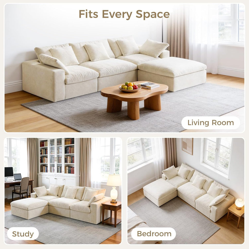 120" L-Shaped Boneless Cloud Couch, Modular Sectional Sofa with Ottoman and Extra-Wide Armrests, Deep Seat Sectional Couches for Living Room, 35D High-Density Foam, No Assembly Required, Beige