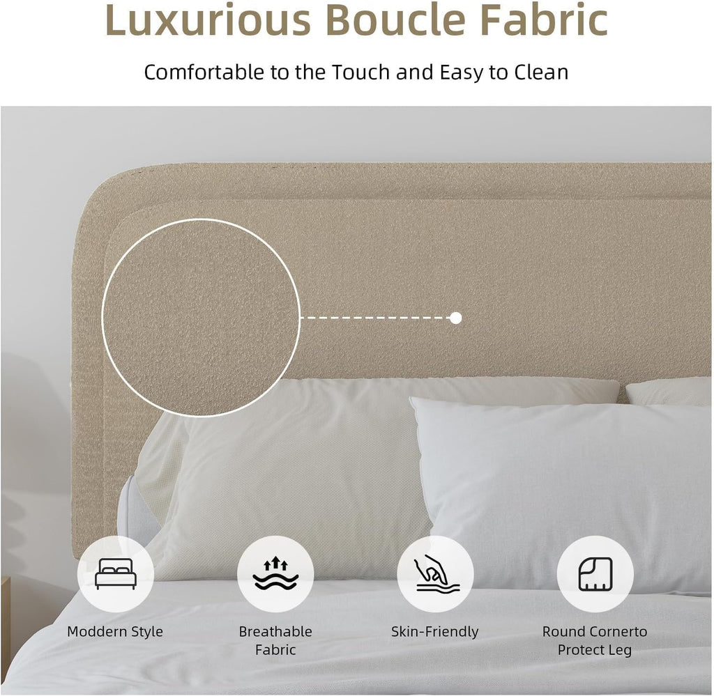 BarnFurin Queen Bed Frame with Headboard, Boucle Upholstered Platform Bed Frame, Luxurious Soft Rounded Corners, No Box Spring Required, Non-Slip and Noise-Free, Easy Assembly, Beige
