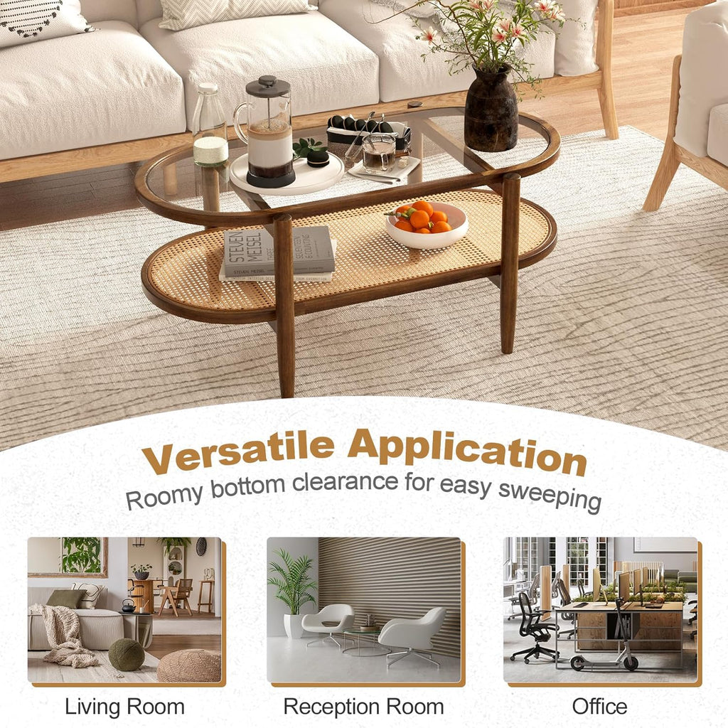 Giantex Rattan Coffee Table, 2-Tier Oval Acacia Wood Tea Table w/Tempered Glass Tabletop & PE Rattan Storage Shelf, Boho Cocktail Tables, Mid Century Modern Center Table for Living Room Office, Brown