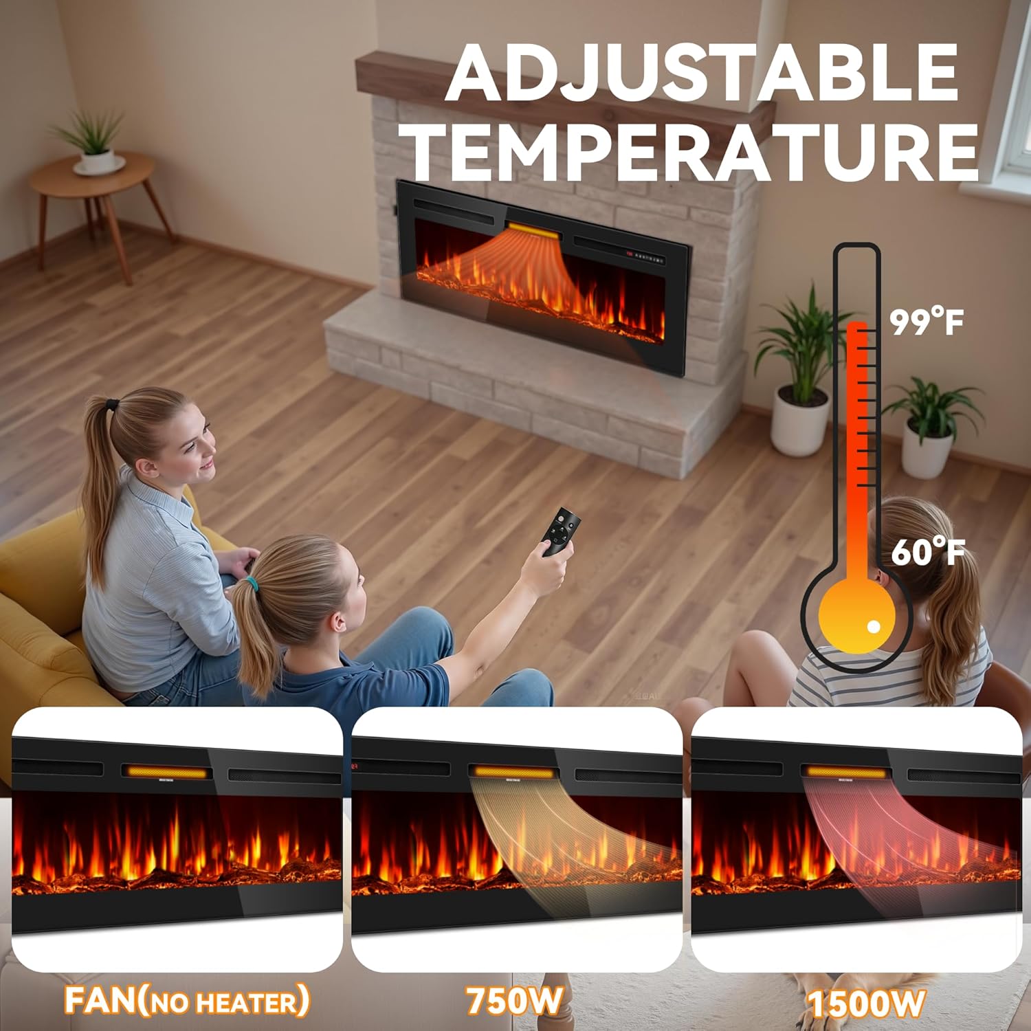 Tehanld 60 Inch Electric Fireplace in-Wall Recessed and Wall Mounted, Ultra-Thin Linear Fireplace Heater 750/1500W with Realistic Flame, Higher Temperatures & Lower Noise, Log Set & Crystal Options