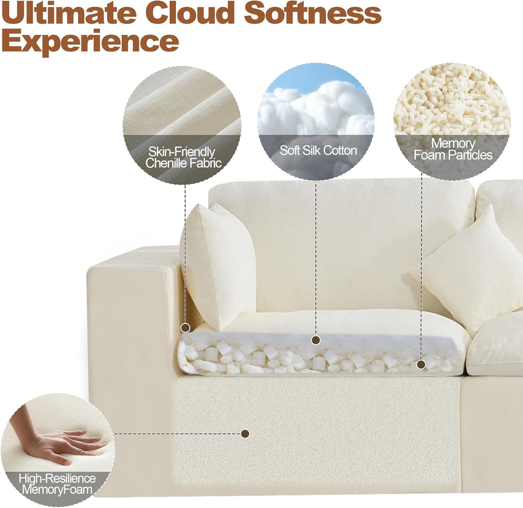 115''Cloud Boneless Sectional Couch, Modular Sectional Sofa Deep Seat with Ottoman, Oversized Upholstered Convertible Comfy 4 Seater Chenille Sofa L Shape Couches for Living Room, Beige
